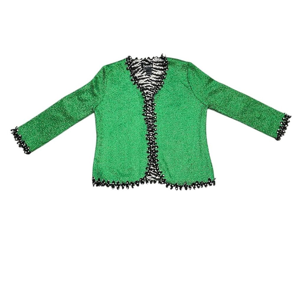 Berek Women's Petite Large Green Zebra Pola Dot Print Open Jacket‎ 3/4 Sleeve
